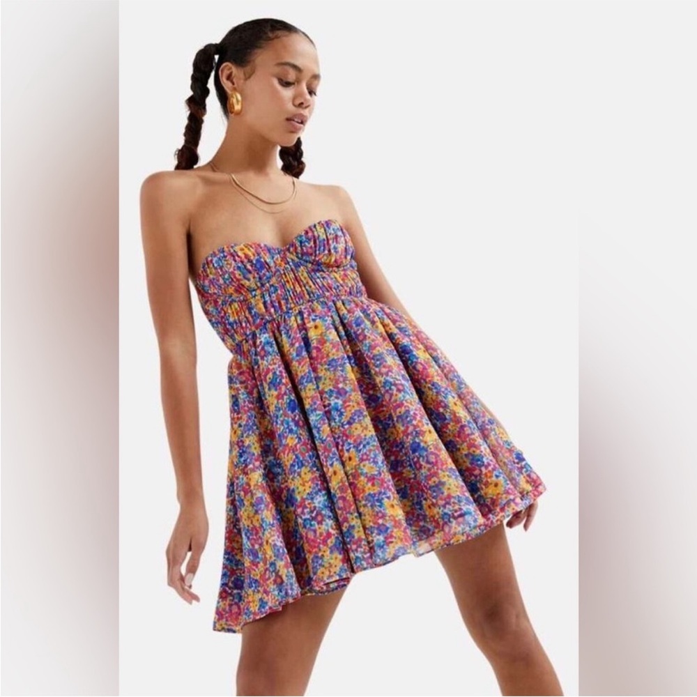 For Love And Lemons Pink and Blue Strapless Ruched Dress